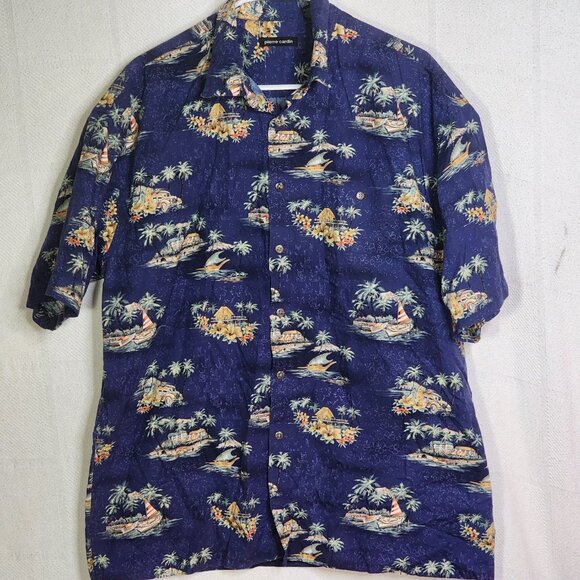 Pierre Cardin Vtg Blue Tropical Surfer Beach Scene ButtonUp Cotton Shirt Size XL - Picture 3 of 16